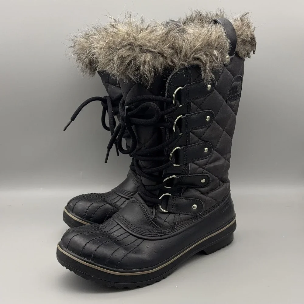 Sorel Boots Womens Size 7 Black Tofino Faux Fur Lace Up Winter Waterproof Snow
